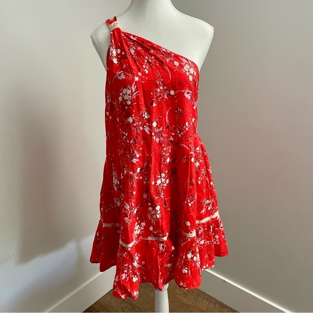 Free People All Mine Mini Dress in Red One Shoulder Tiered Skirt Bohemian Size S